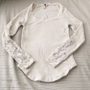 Free People cream thermal with crochet on sleeves